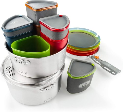GSI Outdoors Glacier Stainless Camper 4 Person Packable Cookware & Dinnerware Set for Camping or Backpacking