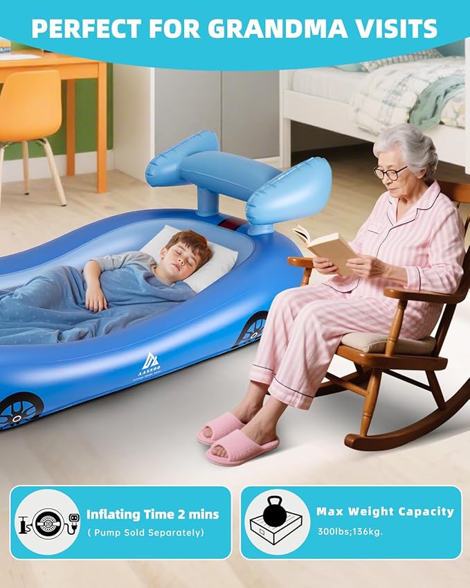 Inflatable Toddler Travel Bed with Avocado Hugging Pillow, Lightweight Portable Raised Sides Racecar Toddler Air Mattress, Kids Blow Up Mattress for Home, Hotel, Camping Use, 300 lbs Max