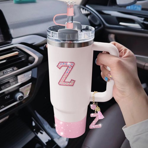 Pink Diamond Letter Charms Accessories For Handle Set,Bottom Protector for 40oz 30oz Stanley Cup Diamond Crown Straw Cover & Diamond Sticker (Z)