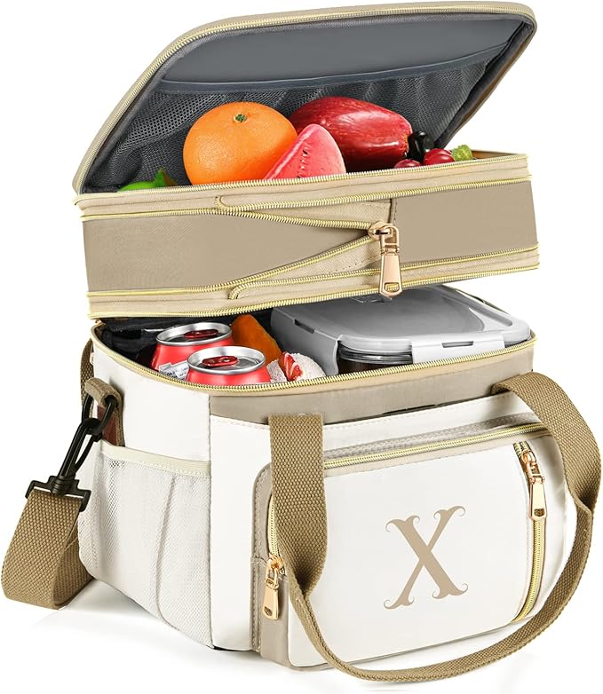 LOKASS Personalized Lunch Bag for Women Work, 16L Initial Insulated Lunch box for Adult/Womens Gift, Leakproof Personalized Gift Lunchbag with Adjustable Shoulder Strap, Cooler Bag Beige - X