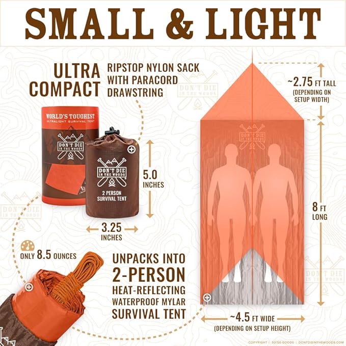 World's Toughest Ultralight Survival Tent • 2 Person Mylar Emergency Shelter Tube Tent + Paracord • Year-Round All Weather Protection for Hiking, Camping, & Outdoor Survival Kits