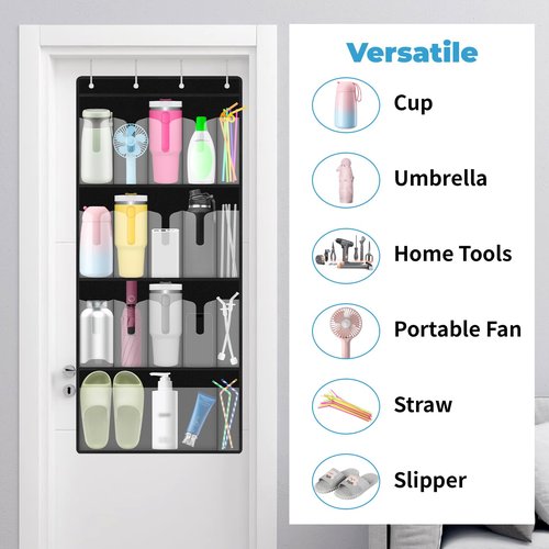 SelfTek Over the Door Water Bottle Tumbler Organizer, 17 Pockets Large Capacity Cup Organizer for S-tanley 40oz Tumbler, Foldable Hanging Holder with Straw Pocket, Cup Storage Back of Door