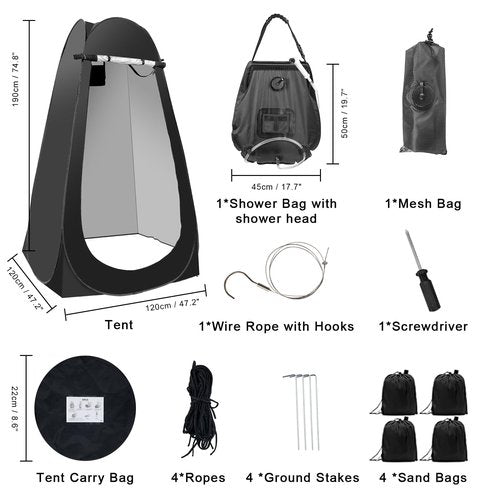 Portable Camping Bathroom Shower Tent Kit, Outdoor Pop Up Privacy Changing Tent with 5 Gallon Shower Bag-(Nozzle Upgraded)(Black)