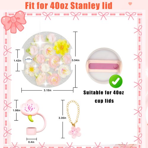 LBU Stanley Cup Lid Accessories for 40oz Tumbler with Handle, Including 1Pc Bling Stanley Lid Topper + 1Pcs Silicone Straw Cover Cap + 1Pcs Handle Charms for Stanley Cup Accessories (Flower)