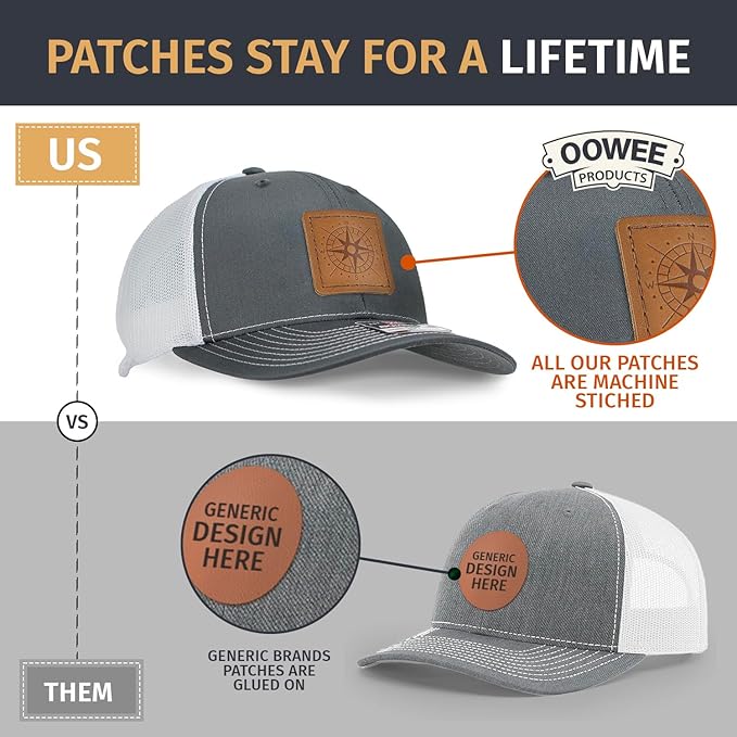 Leather Patch Hat for Men - Richardson 112 Trucker Hat w/Full-Grain Leather Patch, Laser-Engraved, Machine-Stitched