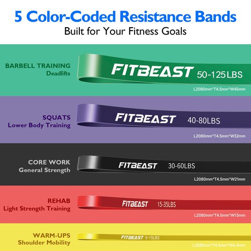 FitBeast Resistance Bands Set, 5 Different Levels, Pull Up Assist Bands for Strength Training, Crossfit, Powerlifting, Muscle Toning, Mobility Exercises, Full-Body Workout (Vibrant 5-125 lbs)