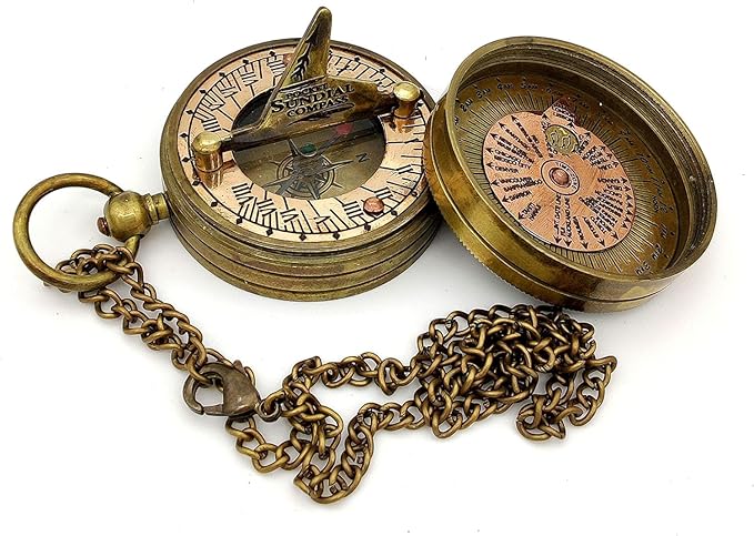 OCEAN REPLICAS Pocket Sundial Compass, Both Side Handwork on The Sundial Bird with Wooden Box.