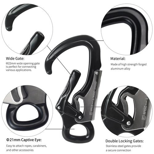 S.E.PEAK 25kN Aluminum Snap Hook, CE Certified Lightweight Double Lock Captive Eye Forged Hook Clip, Rappelling Rescue Gear Equipment for Climbing, Tree Work