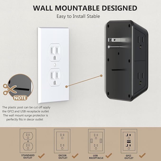 Outlet Extender Surge Protector - 6 Outlet Splitter with 4 USB Ports (2 USB C), Multiple Plug Expander Wall Charger, 3 Sided Multi Plug Wall Adapter Power Strip for Home Office Kitchen Travel Black