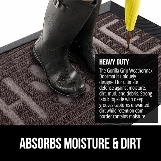 GORILLA GRIP 100% Waterproof All-Season WeatherMax Doormat, 47x35, Durable Natural Rubber, Stain and Fade Resistant, Low Profile, Indoor Outdoor Door Mats, Easy Clean Entrance Mat, Espresso Home Paw