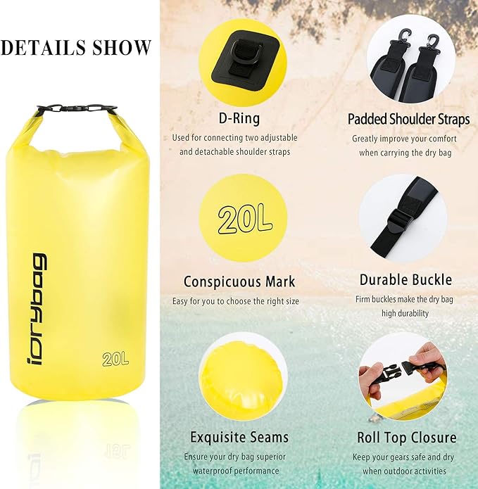 IDRYBAG Clear Dry Bag Waterproof 2L/5L/10L/15L/20L, Small Dry Sack Waterproof Bag for Kayaking