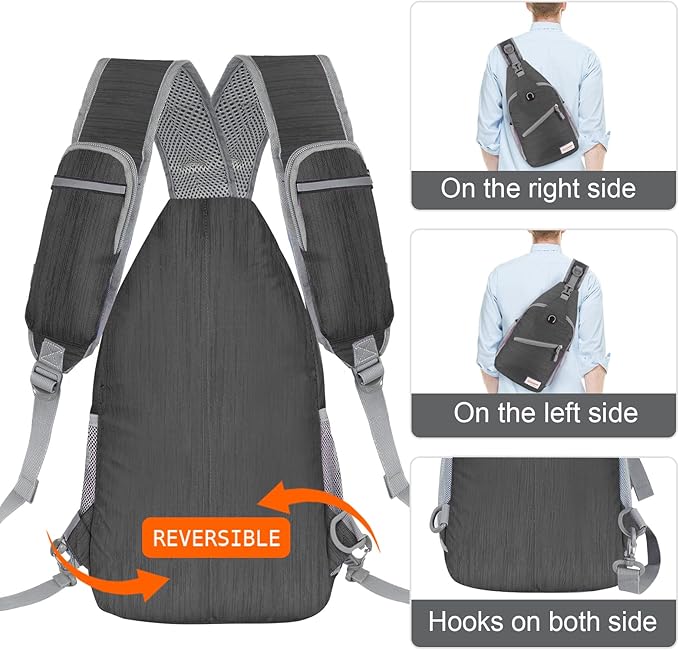ZOMAKE Sling Bag for Women Men, Small Crossbody Sling Backpack, Mini Water Resistant Shoulder Daypack for Travel, Anti Thief Chest Bag for Hiking, Sports, Black(Stripe)