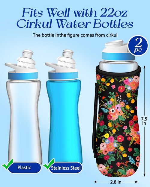 Toykee Water Bottle Sleeve for Cirkul 22 oz - 2 Pack Bottles Cover Holder Carrier Bag with Side Handle Flower Floral Print