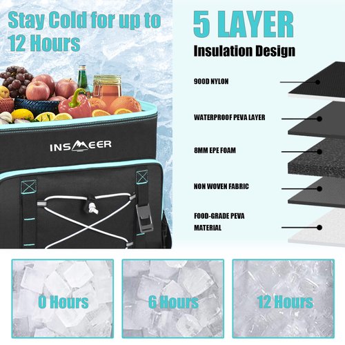 INSMEER Insulated Cooler Bag 90Cans/55L Large Cooler Bag, Collapsible Coolers for Camping/Beach/Picnic
