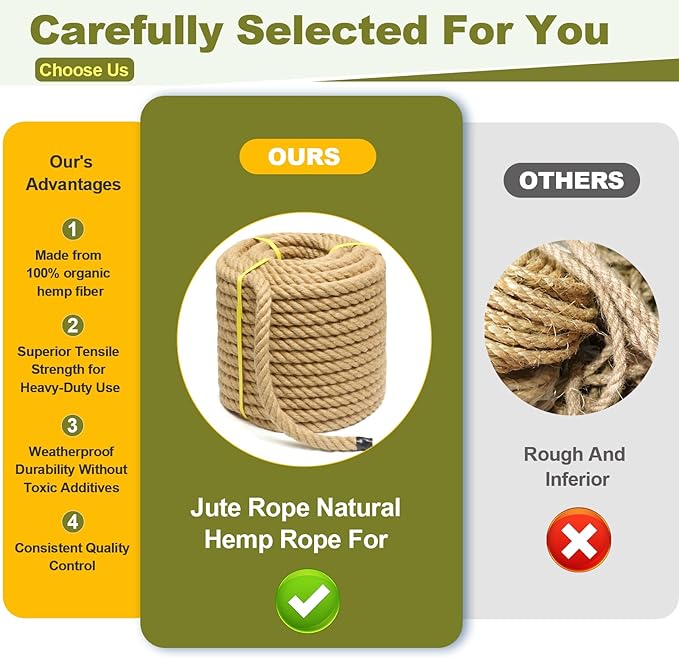 Jute Rope 1/2 Inch 200 Feet Hemp Rope for Deer, Heavy Duty, Twisted, Natural, Tug of War, for Crafts, Home Decorating Gardening Bundling