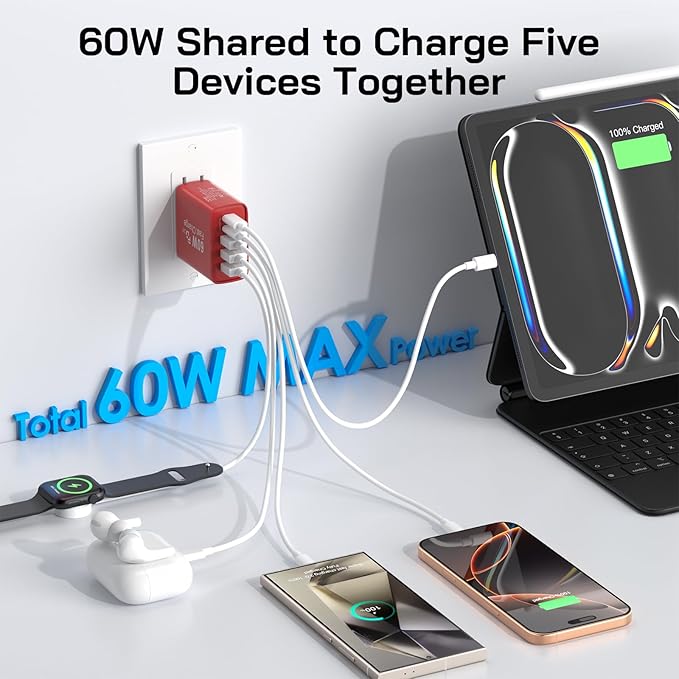 2Pack USB C Fast Charger Block, 60W 5-Port USB C Wall Charger 30W Type C Charging Block, 2USB C+3USB A PPS/PD 3.0 Multiport Charging Cube for iPhone 16 15 14 13 Pro Max,for Galaxy S25 S24 Ultra, i Pad