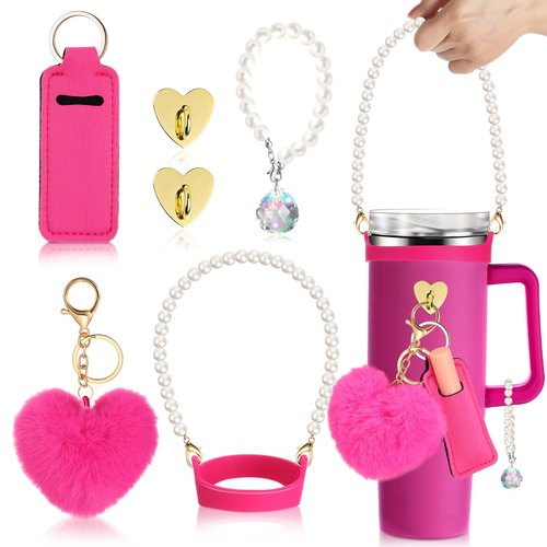 SiliFine Compatible with Stanley Cup 30&40oz Tumbler with Handle Accessories Including Silicone Water Bottle Handle Holder with Pearl Strap Beadable Charm Tumbler and Pompom Keychain(Rose Red,Classic)