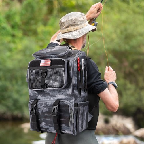 rillrun Fishing Backpack with Rod Holders, Ultimate Tackle Box Bakpack for Men, 42L Large Tackle Bag Store Fishing Gear