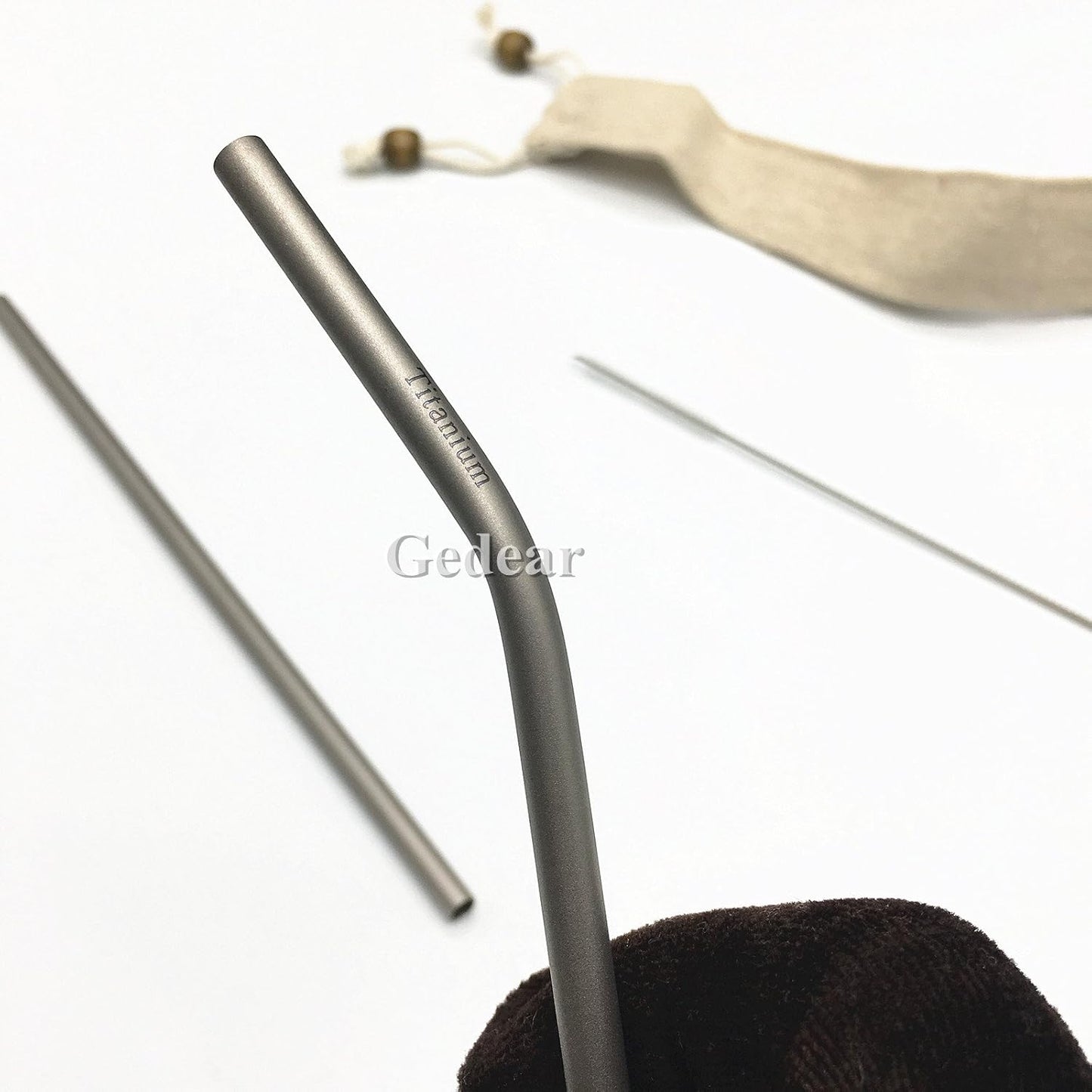 Titanium Straw Ti Survival Camping Hiking Outdoor Drinking Straw With Cleaning Brush and Pouch (Bended Straw)