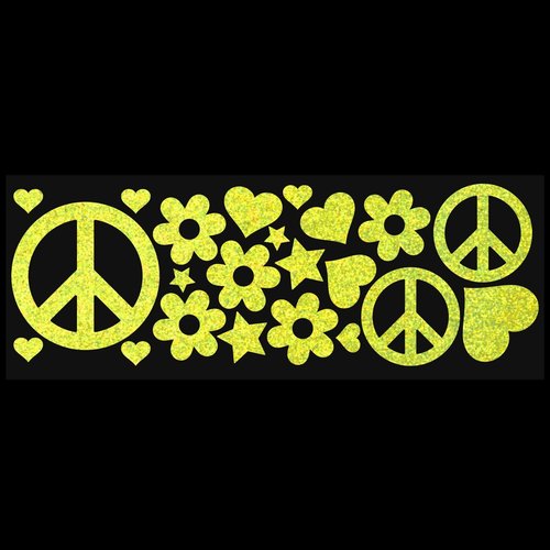 LiteMark Reflective Black Sixties Peace and Love Sticker, 60's Style - Pack of 22 Pcs (Hearts, Stars, Flowers, and Peace Signs)