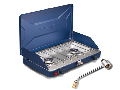 VANSTON Gas Camping Stove, Portable Separately Adjustable Double Propane Burner, Push Button Instant Ignition Grill, Built-in Carrying Handle & Wind Panels, Includes Pressure Regulator Tube