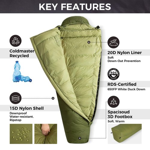 ATEPA Elements 450 Down Sleeping Bag for Adults, 700FP Recycled Mummy Cold Weather Ultralight 3 Season Compact Packable Sleeping Bag with 15D Nylon Shell for Backpacking Camping Hiking, 42.8℉ Green