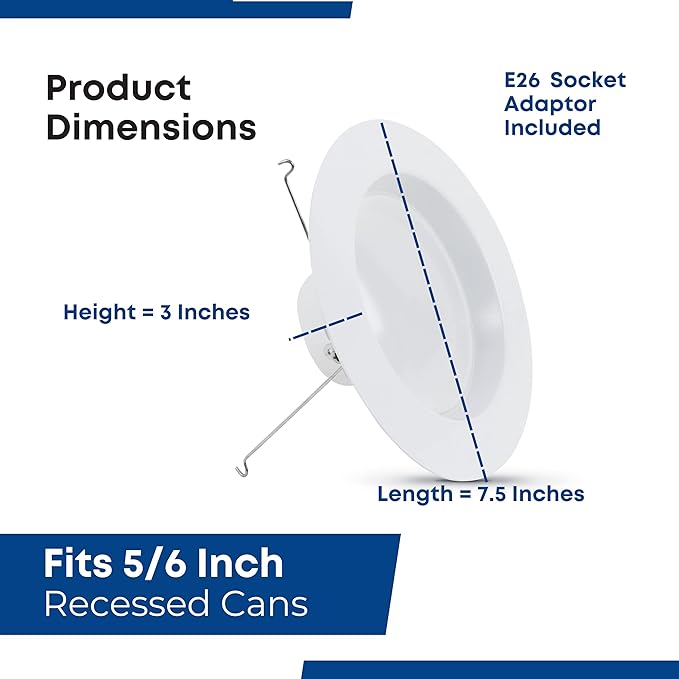 Feit Electric 5-6 inch LED Recessed Downlight - Pre-Mounted Trim - Standard Base Adapter - 3000K CCT Bright White - Dimmable- 75W Equivalent - 45 Year Life - 925 Lumens, LEDR56/930CA