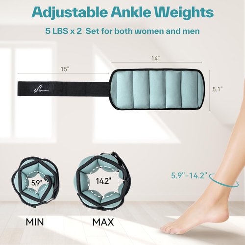 Sportneer Adjustable Ankle Weights for Women and Men：1 Pair 1 2 3 4 6 7 8 10 lbs Upgraded Easily Adjustable Leg Weight, Weighted Wrist Weight Strap for Gym, Fitness, Workout, Walking, Dancing (Black, 5 lbs x 2)
