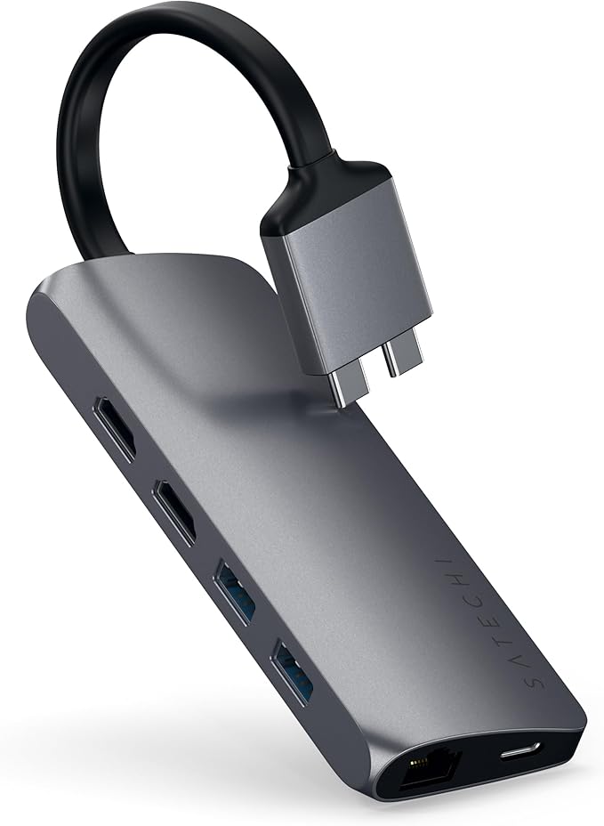 Satechi USB C Hub Dual Multimedia Adapter, USB C Docking Station with 2 4K HDMI, 60W USBC PD Charging, 2 USB-A Data, Ethernet, Micro/SD Card Readers, for MacBook Pro/Air M1 M2 M3 - Space Gray