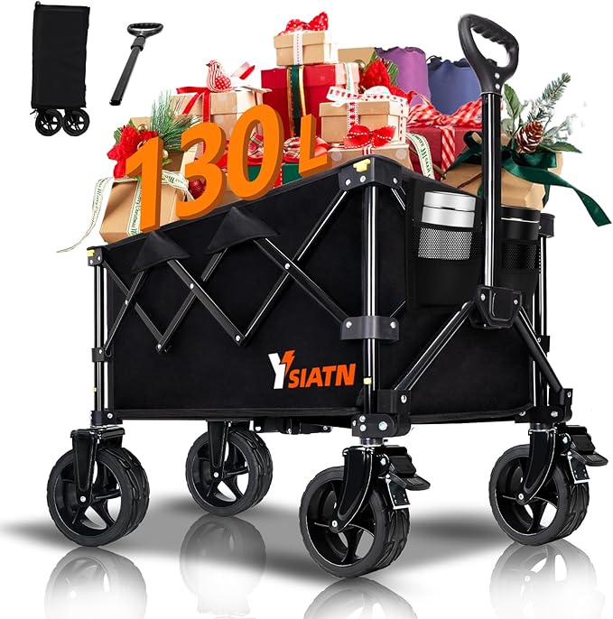 Collapsible Wagon Cart with Wheels Foldable, Folding Wagon Cart with All Terrain Wheel, Large Grocery Carts On Wheels, Heavy Duty Utility Wagons for Shopping Beach Sports Fishing Camping, 130L, Black