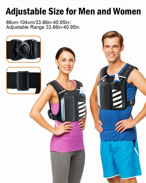 Reflective Running Vest with Water Bottle Phone Holder for Women/Men, Hydration Gear Back Pack/Backpack, Light Weight Chest Bag Run Essential Accessory for Marathon Runner Walking Trail Rucking, Black