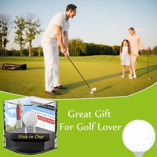 BmBpWOW Acrylic Golf Ball Display Case - 2 Layer for Hole in One Holder with Scorecard/Picture Frame & Golf Pencil Holder Golden Felt - Tip Pen