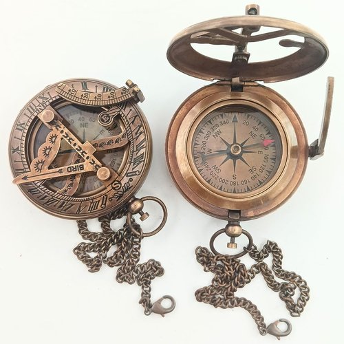 Brass Sundial Compass in Leather Case - Nautical Gifts for Men, Antique Sailing Anniversary Gadget for Him, Unusual Unique Nautical Decor, Naval Maritime Pocket Watch Clock (Brown Antique Compass)