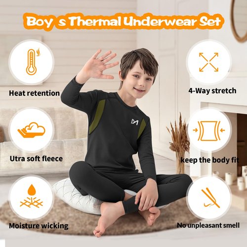 MEETYOO Thermal Underwear for Kids, Boys Thermal Underwear Set Long Underwear Long Johns for Kids, Base Layer for Winter