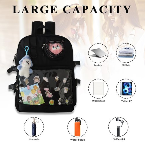 MOVOYEE Backpack for Men Travel Women Work Casual Daypack Backpacks Hiking Bookbag,Anti Theft Carry On Clear Backpack,Cute Ita Bag with Pin Display Adjustable Strap Black