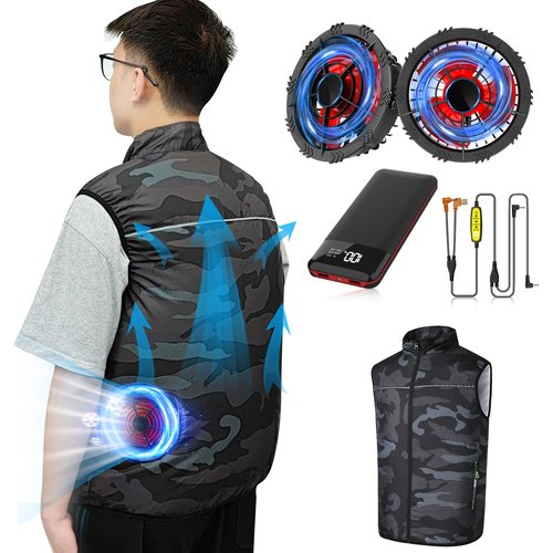 THOUSTA 12V Cooling Vest with 24000mAh Battery Pack,Camouflage Air Conditioner Clothes, 360° Air Supply Cooling Jacket, UV Protection Cooling Clothes with Pocket for Working Outdoor-XXLarge, Grey
