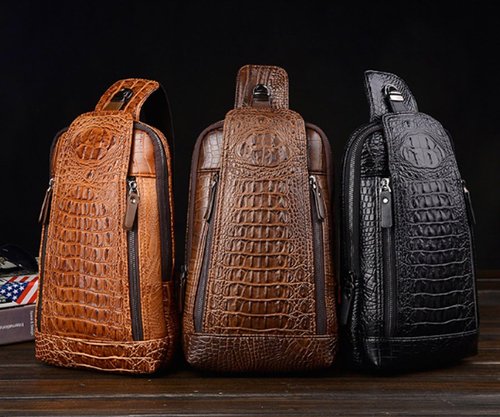 Mens Sling Bags Crocodile PU Shoulder Crossbody Chest Bag Satchels Hiking Daypack Dark Brown