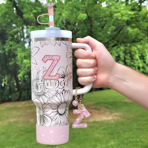 Pink Diamond Letter Charms Accessories For Handle Set,Bottom Protector for 40oz 30oz Stanley Cup Diamond Crown Straw Cover & Diamond Sticker (Z)