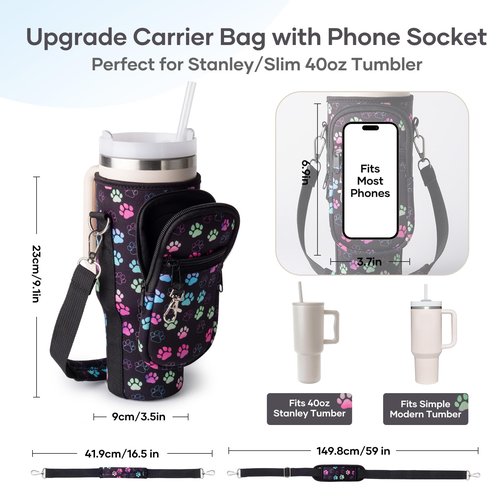 linmaya Water Bottle Carrier Bag with Phone Pocket for Stanley Cup 40/30oz,Insulated Neoprene Water Bottle Holder Cross-Body Carrier Bag with Adjustable Shoulder & Handheld Strap (Black Paw, 30oz)