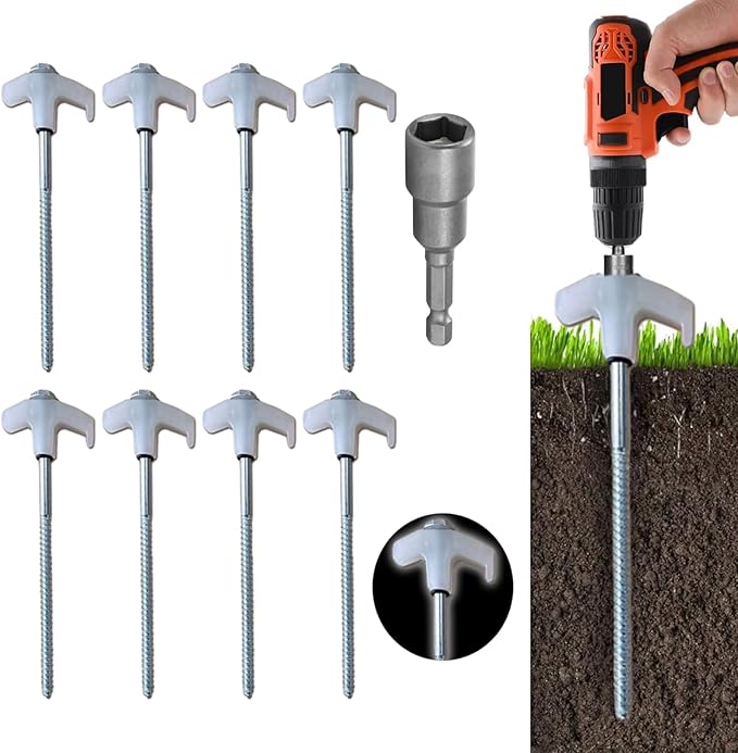 8" Screw in Tent Stakes - Ground Anchors Screw in, Screw in Tent Stakes Heavy Duty, Tent Pegs Camping Stakes, Metal Threaded Tent Spikes, Screw Tent Stakes with Hex Sleeves (8Pcs White)