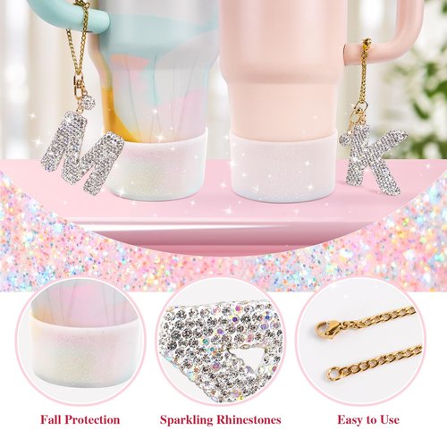 Lingdeer Water Bottle Accessories Set for Stanley Cup 30&40Oz, Bling Letter Charms, Diamond Straw Cover, Glitter Silicone Boot, Personalized Sticker, Bow Straw Topper for Stanley Cup Accessories (M)