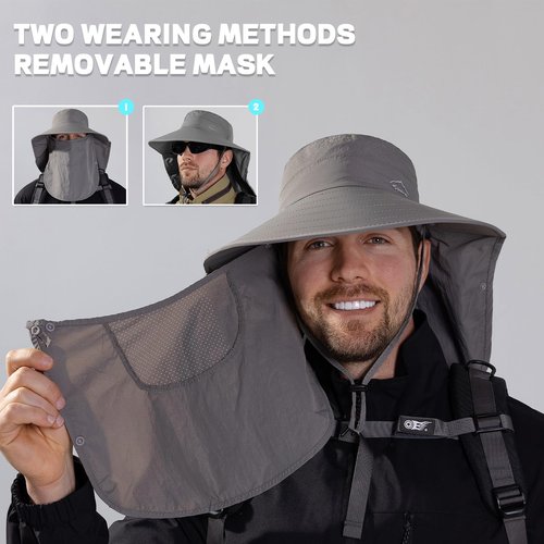 Rosoz Sun Hat for Men Women with Neck Flap,Wide Brim UPF50+ Fishing Hat with Detachable Face Cover Outdoor Sun Protection Hat