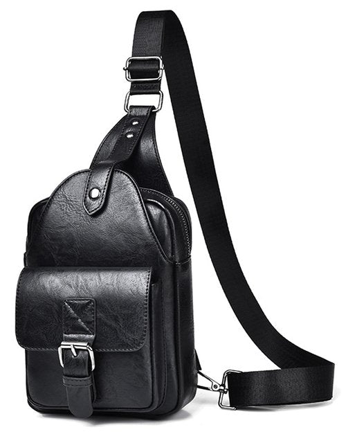 Men's Leather Crossbody Sling Bag - Anti-Theft Multi-pocket Shoulder Bag for Hiking Trave (Black)