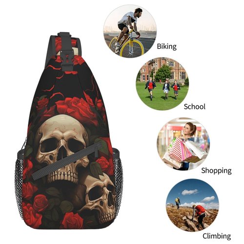 Mqtzyiwx Gothic Rose Blood Skull Sling Backpack Hiking Backpack Crossbody Bag Sports Lightweight And waterproof Chest Bag Shoulder Bag For Women Men