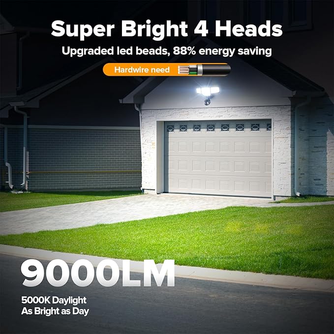LUTEC 80W 9000LM LED Security Light Motion Sensor Outdoor Lights, 4 Head LED Flood Lights Outdoor 5000K Daylight, IP65 Waterproof, Motion Detected Lights for Outside, House, Garage, Yard (Black)