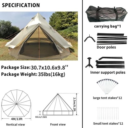 DANCHEL OUTDOOR B2A Luxury Glamping Bell Tent No Center Pole for 4 Person, 13ft/4m Large Waterproof Yurt with Stove Jack, All-Weather 300D Oxford Nylon Family Camping, Khaki