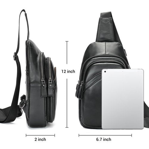 MASIWEI Genuine Leather Sling Bag for Mens Crossbody Bag Shoulder Backpack Fashion Chest Bag Travel Hiking Daypack, Black