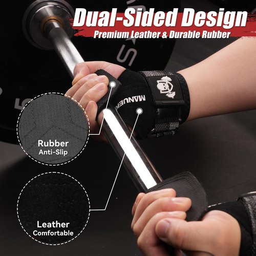 MANUEKLEAR Gym Straps Weight Lifting, Double Leather Lifting Straps for Men Deadlift with Cushion Wrist Loop, Gym Liftings Wrist Wraps for Weightlifting