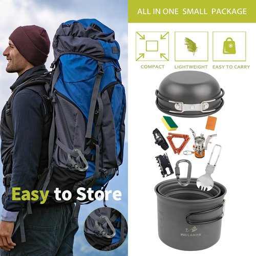 WAILAMHK Camping Cookware Mess Kit, 17 pcs Backpacking Cooking Gear, Lightweight Camping Pots and Stove Set for 3 Person, Outdoor Cooking Gear Ideal for Camping, Hiking, Backpacking and Picnic