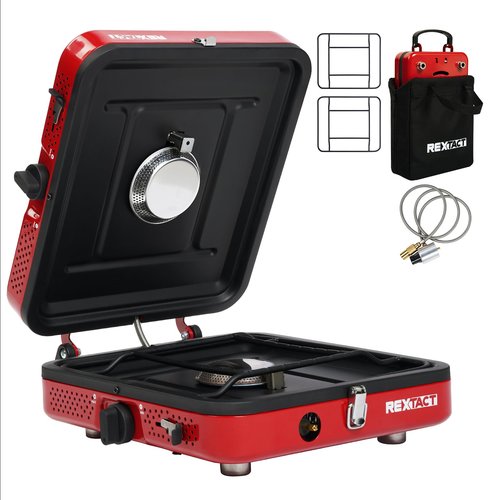 RexTact 2 Burner Camping Stove with Carrying Bag, Foldable Propane Camp Stove with 17,200 BTU for Camping, Outdoor Cooking, Portable Gas Stove with Adjustable Burner for Tailgating, Backyard BBQ,Red
